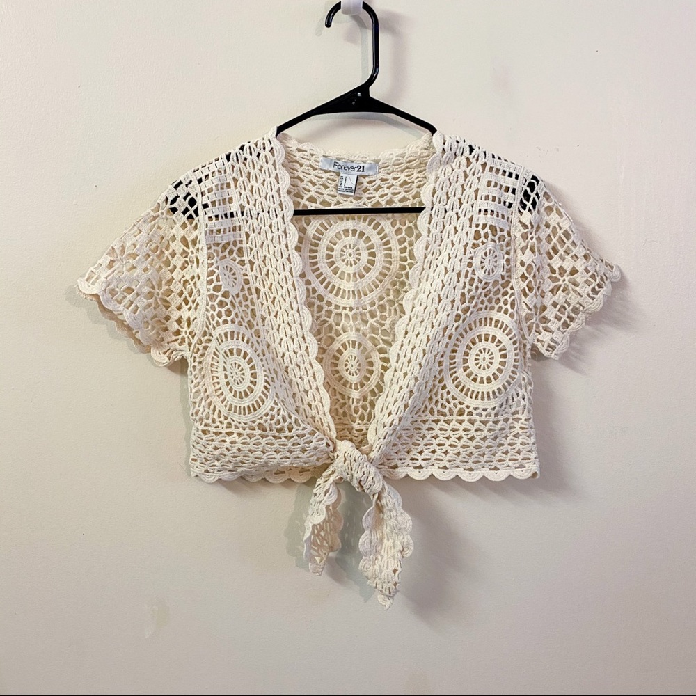 Forever 21 Crochet Tie Front Cropped Cardigan Top